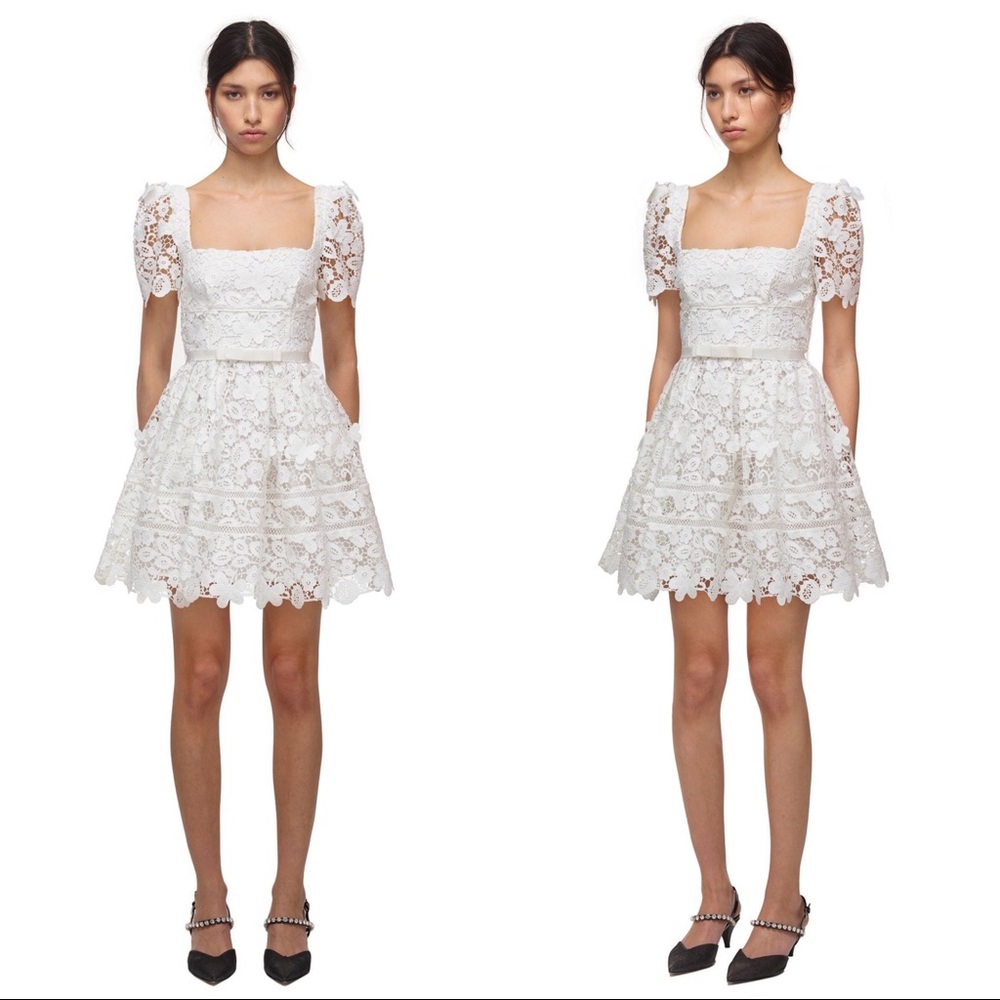 Self Portrait White Guipure Floral Lace Mini Dress